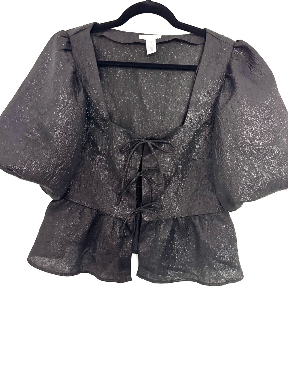 H&M Black Puff Sleeve Tie-Front Peplum Top
